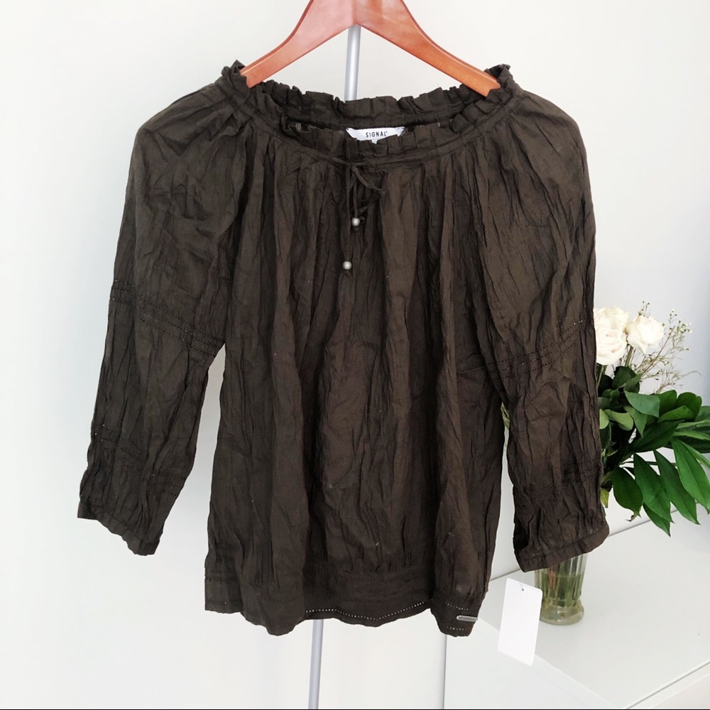 NWT Signal Brown Cotton Crinkle Poet Blouse